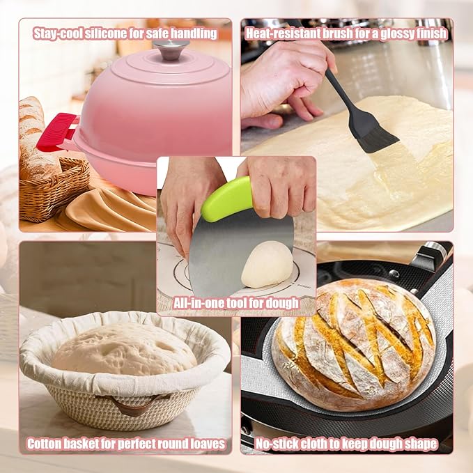 6QT Enameled Cast Iron Dutch Oven for Bread Baking – Sourdough Starter Kit with Cotton Basket, Bread Sling, Lame, Brush & Handle Cover – Multi-Purpose Pot for Baking, Frying, Braising – Pink