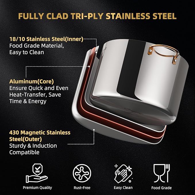 Ciwete 12 Quart Stock Pot with Lid, Upgraded Tri-Ply Stainless Steel Pot, Seamless Large Cooking Pot with Stay-Cool Brass Handle, Healthy Polished Stockpots, Induction Cookware, Oven & Dishwasher Safe - Image 4
