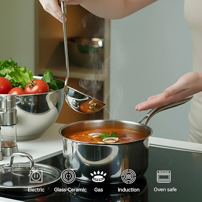1.3 Quart Stainless Steel Saucepan with Glass Lid, 5 Ply Stainless Clad Construction, Suitable for All Cooktops, PTFE, PFAS and PFOA Free