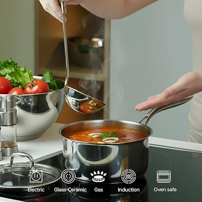 1.3 Quart Stainless Steel Saucepan with Glass Lid, 5 Ply Stainless Clad Construction, Suitable for All Cooktops, PTFE, PFAS and PFOA Free