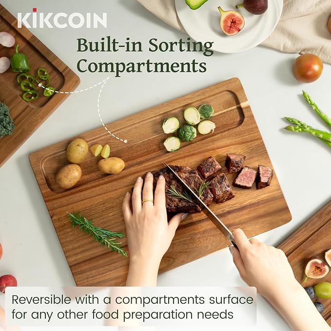 Kikcoin Acacia Wood Cutting Boards for Kitchen, 3 PCS Wooden Cutting Board Set with Holder, Chopping Board with Compartments and Juice Groove, Solid Charcuterie Boards Serving Tray Wood Butcher Block - Image 4