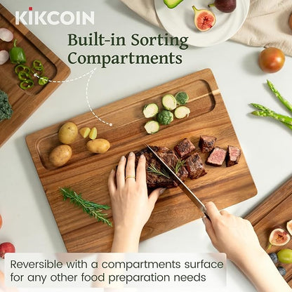Kikcoin Acacia Wood Cutting Boards for Kitchen, 3 PCS Wooden Cutting Board Set with Holder, Chopping Board with Compartments and Juice Groove, Solid Charcuterie Boards Serving Tray Wood Butcher Block - Image 4