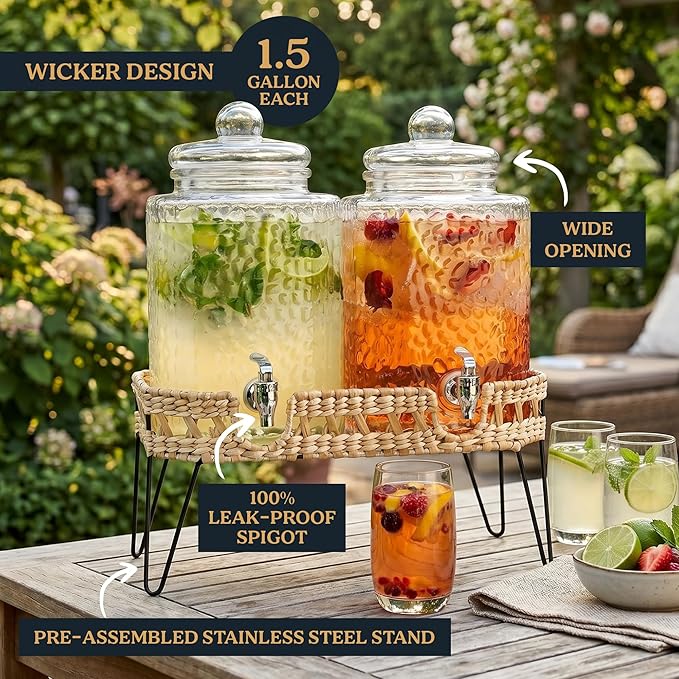 MosJos Beverage Dispensers - Set of 2 Glass Drink Dispensers with Metel Stand - 1.5-Gallon Capacity - Perfect for Lemonade, Juice, Water, Iced Tea, Punch (Wicker Design-Clear) - Image 3