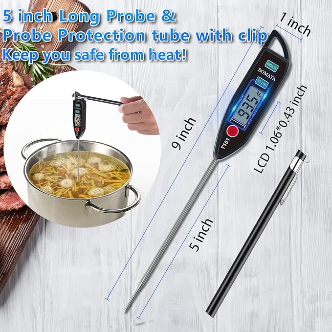 BOMATA 2 Pack Waterproof IPX7 Meat Thermometer Instant Read Food Thermometer with Long Probe for Water, Liquid, Kitchen Cooking, Grill,BBQ ! T101 X 2 Pcs (Black & Red)… - Image 4