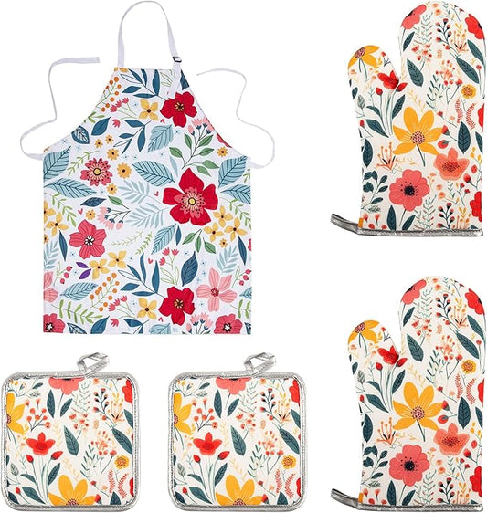 5 Pcs Kitchen Stuff Accessories, Kitchen Oven Mitts and Pot Holders Sets with Cooking Kitchen Aprons for Women,Gifts for Women