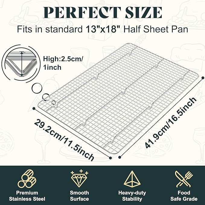 Cooling Racks for Cooking and Baking - 11.5"x16.5" Oven Safe Premium Stainless Steel Heavy Duty Baking Rack Tight-Wire, Fits Half Sheet Pan for Roasting & Grilling & Cooking - Set of 2 - Image 2