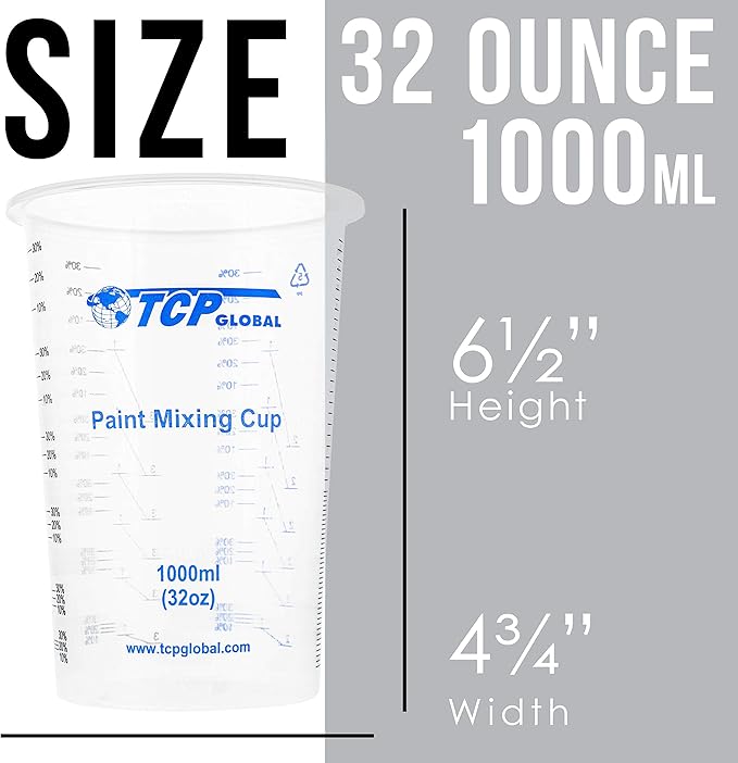 TCP Global 32 oz. (1000ml) Graduated Plastic Mixing Cups (Box of 25) - Disposable Plastic Measuring Cups for Liquids, Paints, Resin, Epoxy, Art, Kitchen - Ratios 2-1, 3-1, 4-1 ML - Image 3