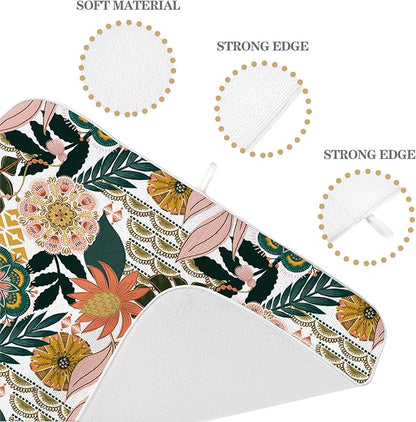 Boho Dish Drying Mat 18 x 24 Inch Pink Green Floral Drying Mat for Kitchen Counter Absorbent Bohemian Tropicla Leaves Spring Summer Dishes Dry Pad for Drainer Rack Kitchen Fast Dry