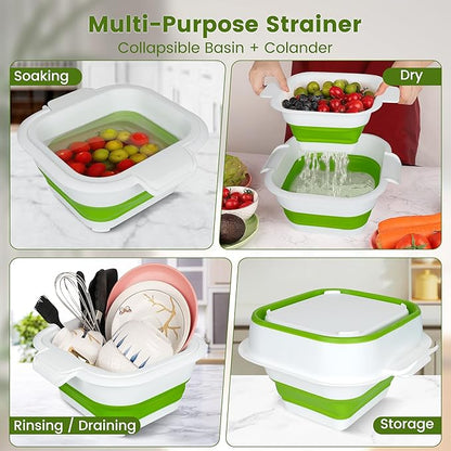 Collapsible Colander Set with Strainer Bowl, 2 in 1 Fruit Washing Basket with Strainer, 5 + 3 QT Plastic Colanders for Kitchen, Foldable Double Layered Colander Bowl for Berry, Vegetable, Green - Image 3