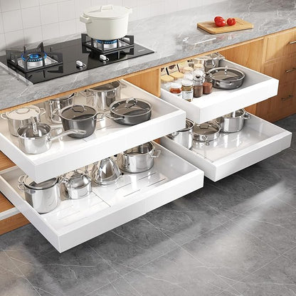 Seinloes 4 Pack Expandable Width (15.15"-26.3") Pull Out Cabinet Organizer 21" Deep with Raising Pad for Framed Cabinets, Upgrade 3 Slide Rails Slide Out Drawers, Roll Out Shelves Adhesive, White by Seinloes