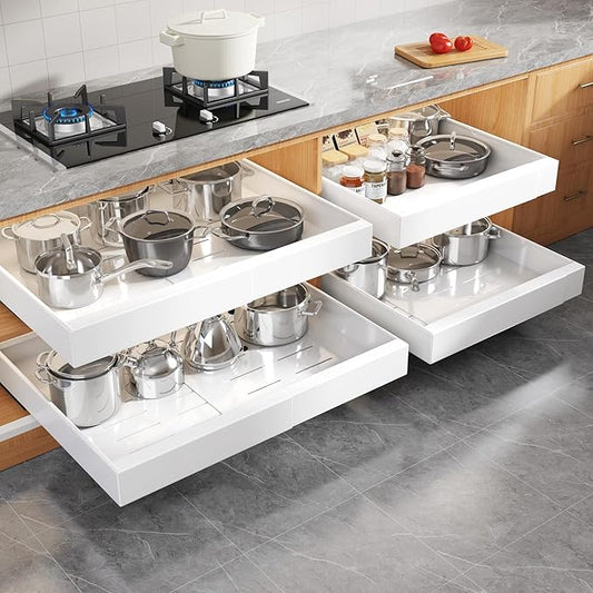Seinloes 4 Pack Expandable Width (15.15"-26.3") Pull Out Cabinet Organizer 21" Deep with Raising Pad for Framed Cabinets, Upgrade 3 Slide Rails Slide Out Drawers, Roll Out Shelves Adhesive, White by Seinloes