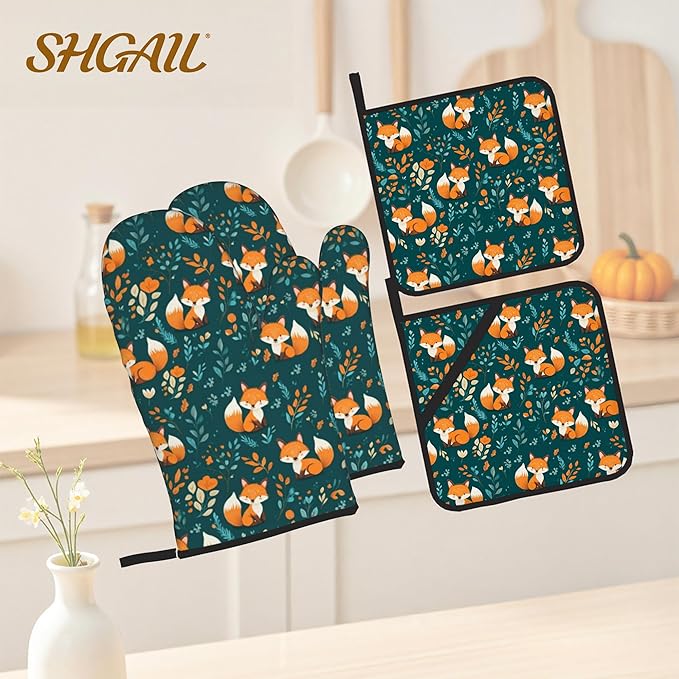 Fall Oven Mitts and Hot Pads Set - Fox Leaves Design, Heat Resistant Cute Pot Holders for Kitchen, Baking Gifts for Women