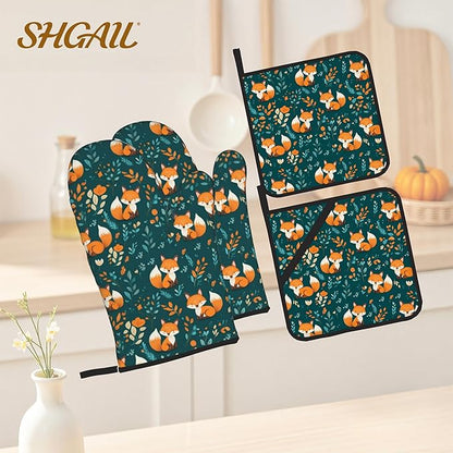 Fall Oven Mitts and Hot Pads Set - Fox Leaves Design, Heat Resistant Cute Pot Holders for Kitchen, Baking Gifts for Women