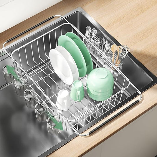 Fanbsy Dish Drying Rack in Sink, Extendable Stainless Steel Dish Drainers for Kitchen Counter, Anti-Rust Dish Dryer Rack with Utensil & Cup Holders, for Inside Sink, Over The Sink