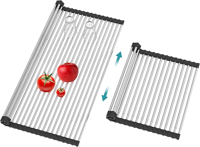 BBXTYLY Extra Large Expandable Roll Up Dish Drying Rack,Over The Sink Drying Rack Sink Cover Kitchen Sink Accessories Kitchen Rolling up Stainless Steel Drainer, Foldable,Rollable（Black，25.1''-17.3''） by BBXTYLY