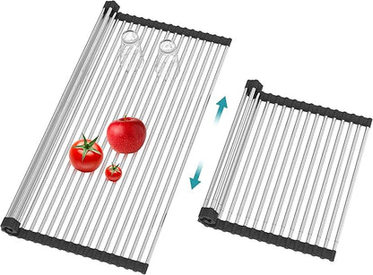BBXTYLY Extra Large Expandable Roll Up Dish Drying Rack,Over The Sink Drying Rack Sink Cover Kitchen Sink Accessories Kitchen Rolling up Stainless Steel Drainer, Foldable,Rollable（Black，25.1''-17.3''） by BBXTYLY