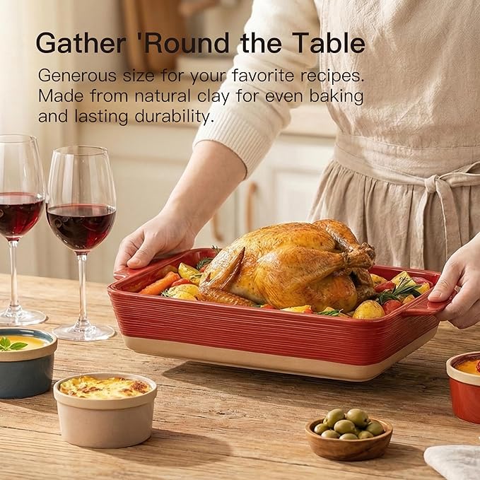 Dafuceramic Casserole Dish for Oven, 4.2 QT Baking Dish, 9x13 Large Porcelain Baking Pan, Durable Rectangular Lasagna Pan Deep with Handles, Microwave Oven Safe, Home Decor, Wedding Gift,(Khaki & Red) - Image 4