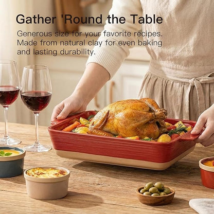Dafuceramic Casserole Dish for Oven, 4.2 QT Baking Dish, 9x13 Large Porcelain Baking Pan, Durable Rectangular Lasagna Pan Deep with Handles, Microwave Oven Safe, Home Decor, Wedding Gift,(Khaki & Red) - Image 4