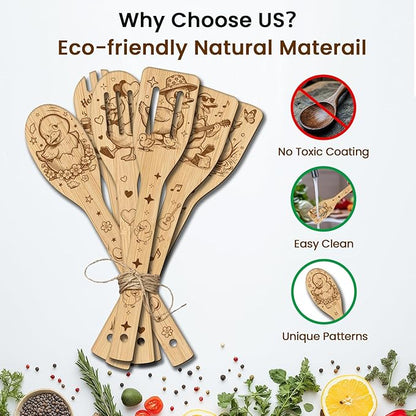 CUTHOLLOW 6PCS Funny Duck Wooden Kitchen Cooking Utensil Set, 11.9in Non Toxic Bamboo Wood Spoon Set for Cooking, Best Housewarming Birthday Thanksgiving Christmas Gift for Women Mother