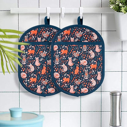 Pot Holders Set of 2 with Transparent Clear Silicone Shell and Nice Cat Flower Cotton Lining, Heat Resistant to 500 F Kitchen Oven Gloves Pot Holder for Cooking (Navy, Cat, Potholders) - Image 7