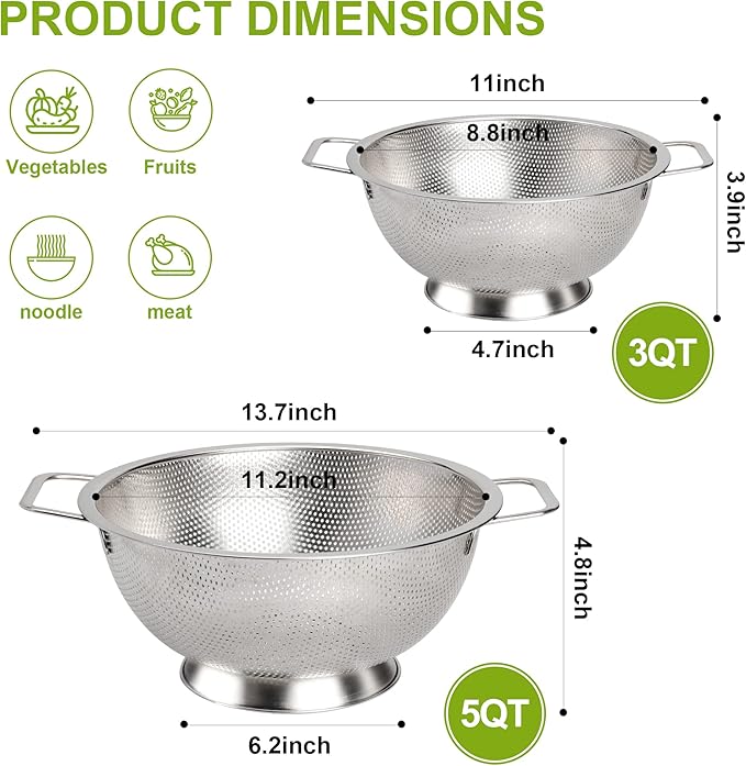 Gulex Colander Stainless Steel 3-Quart, Strainer for Kitchen Food, Dishwasher Safe - Image 2