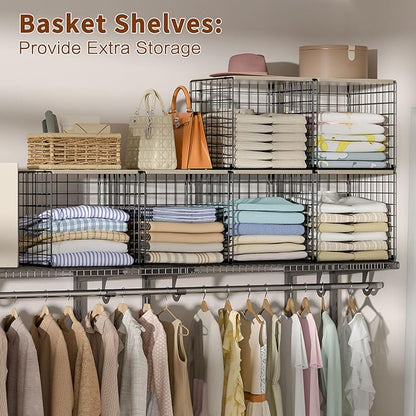 Hencawima 6 Pack Stackable Closet Organizers and Storage Basket, Closet Shelves with Wood Top, Clothes Storage Bin/Cube Organizer for Wardrobe, Space-Saving, Closet Organization, Black, Sturdy, Metal
