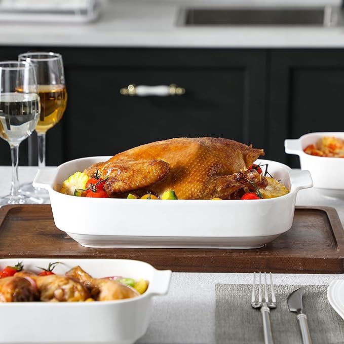 MALACASA Casserole Dishes for Oven, Ceramic Baking Dishes Set of 3, Rectangular Lasagna Pan Deep Baking Pans, Bakeware Sets with Handles Gift Set, White (13.8''/11.7''/9.4''), Series BAKE - Image 6