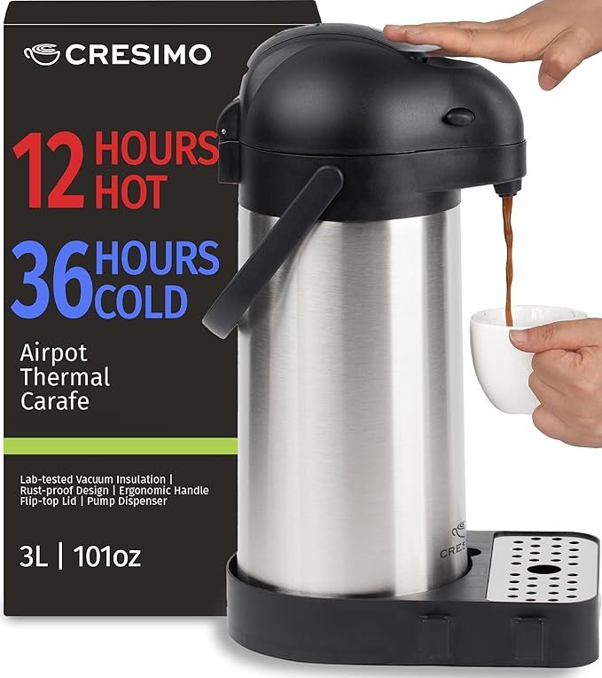Airpot Coffee Dispenser with Pump & Tray - 102oz/3L Coffee Carafe with Pump - 12 Hours Hot Drink Dispenser for Parties - Stainless Steel Thermal Carafe for Hot Cocoa Bar -Easy-to-Use Insulated Pitcher - Image 2