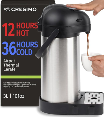 Airpot Coffee Dispenser with Pump & Tray - 102oz/3L Coffee Carafe with Pump - 12 Hours Hot Drink Dispenser for Parties - Stainless Steel Thermal Carafe for Hot Cocoa Bar -Easy-to-Use Insulated Pitcher - Image 2