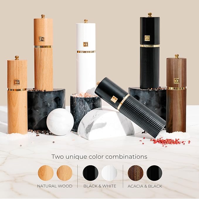Wooden Salt and Pepper Grinder Set – Refillable Manual Salt and Pepper Mills with Adjustable Ceramic Burrs, Gold Detailing, and Wood Stand – Black and Dark Wood - Image 4