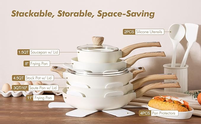 SENSARTE Ceramic Cookware Sets, Pots and Pans Set Non stick, Granite Induction Cookware, Non toxic Healthy Non Stick Kitchen Cooking Set, with Frying Pans Set, PFAS PTFE PFOA PFOS Free,14 Pcs - Image 6