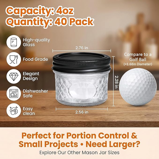 4oz Clear Glass Mini Mason Jars, 40 Pack Small Clear Canning Jars with Black Separable Lids and Diamond appearance for Spice, Honey, Jam, Caviar, Candle Making, Wedding Favors & Kitchen Storage - Image 2