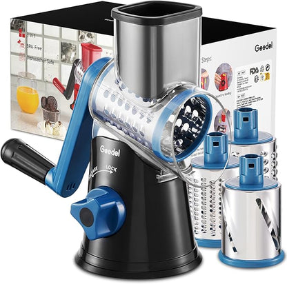 Geedel Rotary Cheese Grater, Kitchen Mandoline Vegetable Slicer with 3 Interchangeable Blades, Easy to Clean Rotary Grater Slicer for Fruit, Vegetables, Nuts by Geedel
