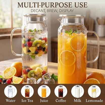 2 Pack Glass Pitcher with Lid and Handle, 68oz 2 Liter Borosilicate Glass Water Pitcher for Fridge, Heat Resistant Iced Tea Pitcher, Glass Carafe for Hot Cold Beverages Juice Lemonade