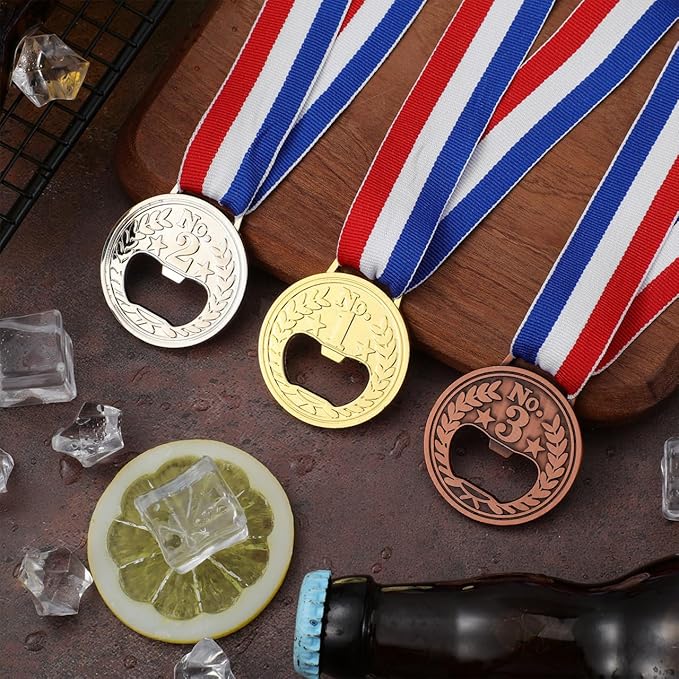 Cabilock 3pcs Bottle Opener, Medal Shaped Beer Opener with Neck Ribbon, Creative Gold Medals Jar Beer Lid Remover Wine Accessories for Bar Kitchen Party Competitions