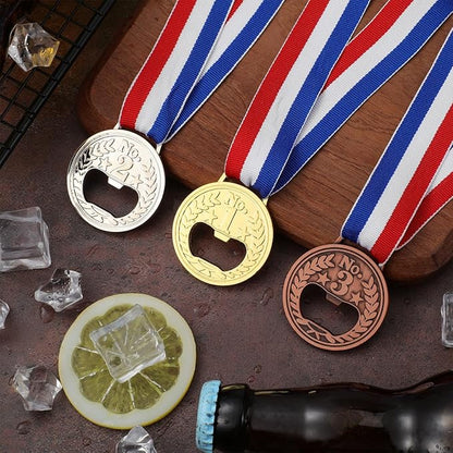 Cabilock 3pcs Bottle Opener, Medal Shaped Beer Opener with Neck Ribbon, Creative Gold Medals Jar Beer Lid Remover Wine Accessories for Bar Kitchen Party Competitions