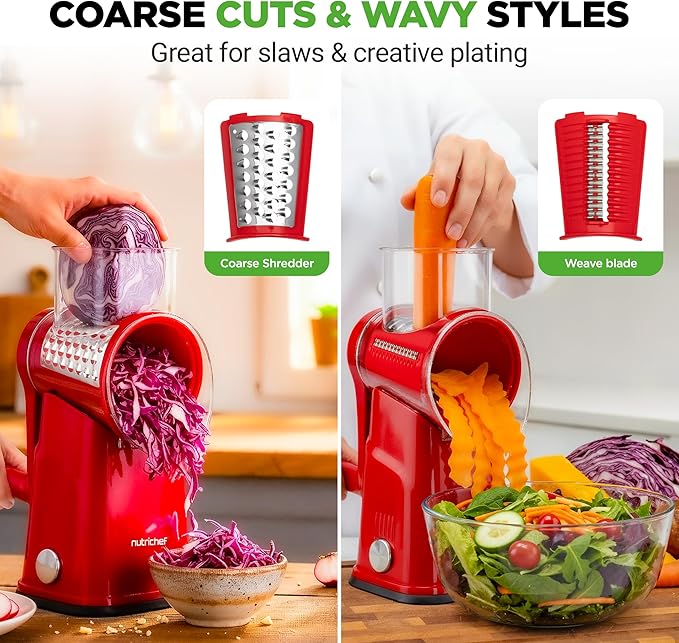 NutriChef 5 in 1 Cheese Grater & Shredder | 5 Different Blades for Thin, Thick, Julienne Strips, Wavy, & Straight Strips | Includes Hand Crank, Strong Suction Base & Storage Container | Red - Image 5