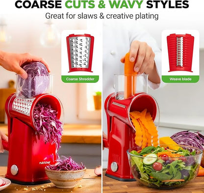 NutriChef 5 in 1 Cheese Grater & Shredder | 5 Different Blades for Thin, Thick, Julienne Strips, Wavy, & Straight Strips | Includes Hand Crank, Strong Suction Base & Storage Container | Red - Image 5