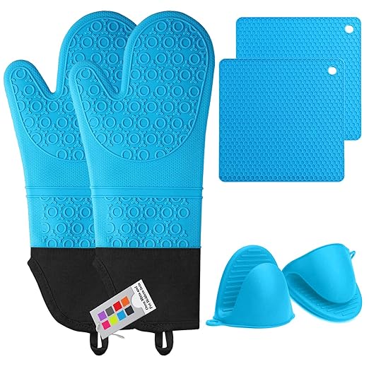 Silicone Oven Mitts and Pot Holders Set, MTZRFLL Extra Long Heat Resistant Oven Gloves with Hot Pads and Mini Oven Mittens for Grilling, Kitchen Cooking Baking, Soft Quilted Lining, Pack of 6 (Blue) by MTZRFLL