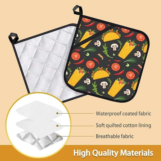Cartoon Burrito Taco Hot Pepper Pot Holder Set of 2,Heat Resistant Potholders Oven Hot Pads for Kitchen Cooking Baking BBQ