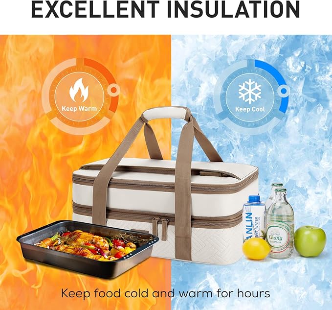 TOURIT Double Decker Insulated Casserole Carrier for Hot or Cold Food Expandable Thermal Food Carrier for Picnic Cookouts Potluck Parties Fits 9" x 13" Baking Dish - Image 3