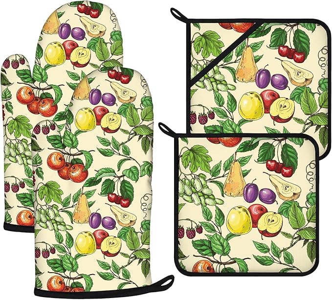 Fruit Oven Mitts and Pot Holders Sets 4Pcs,Extra Long Oven Gloves Potholder for Kitchen Cooking Baking BBQ 100% Cotton Heat Resistant by VisittheDuibelproduct