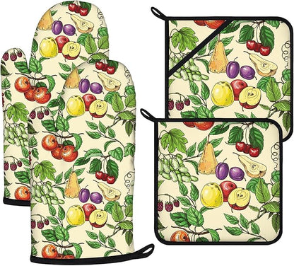 Fruit Oven Mitts and Pot Holders Sets 4Pcs,Extra Long Oven Gloves Potholder for Kitchen Cooking Baking BBQ 100% Cotton Heat Resistant by VisittheDuibelproduct