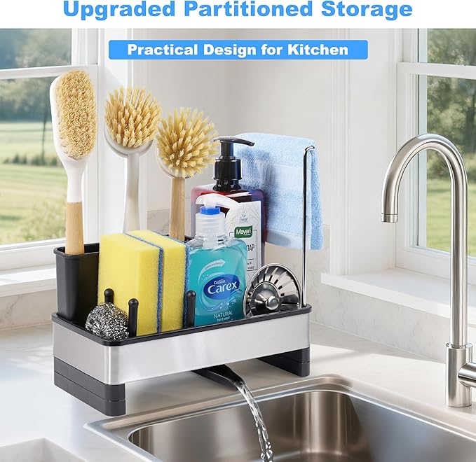 Kitchen Sink Caddy Organizer, Stainless Steel Sponge Holder, Kitchen Caddy Sink Organizer with Dish Brush Holder and Dishcloth Rack, Rustproof Dish Sponge Drying Rack for Countertop Storage - Image 2