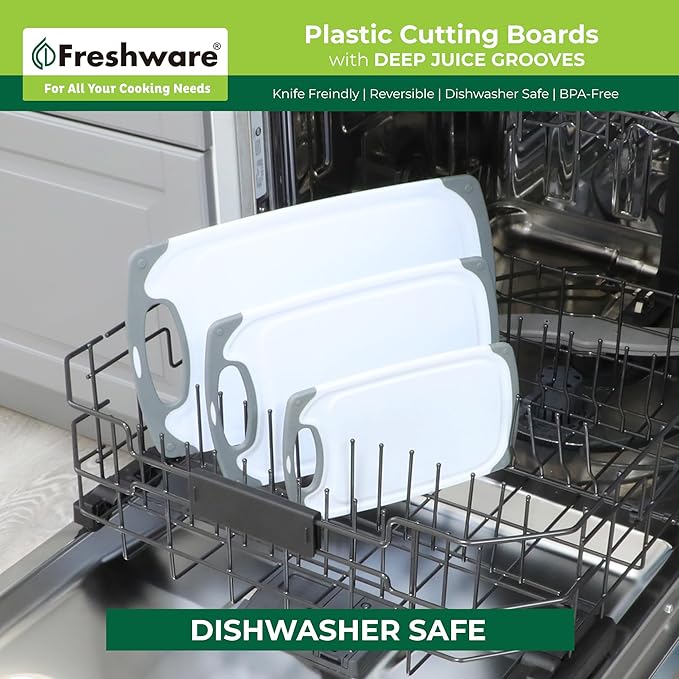Freshware Cutting Boards for Kitchen, Chopping Board 3-Pack with Different Sizes, Juice Grooves and Non Slip Handles - Reversible, Large Cutting Board Set - Dishwasher Safe - Gray - Image 6