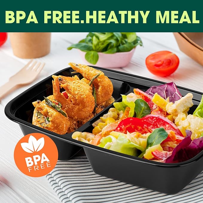 50 Pack (100-Piece) 32 oz Sturdy Leakproof 2-Compartment Meal Prep Containers with Lids, Plastic Food Storage Containers for Lunch, Microwave, Freezer, and Dishwasher Safe Takeout Containers - Image 2