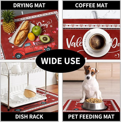 Happy Valentine's Day Dish Drying Mat for Kitchen Red Love Heart Truck Plaid Drying Mats Super Absorbent Dishes Drainer Pad Reversible Microfiber Dish Drying Rack Mat for Kitchen Counter 18x24 Inch - Image 7