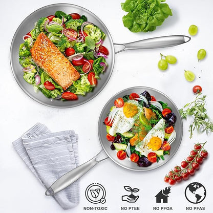 EWFEN Tri-Ply Stainless Steel Frying Pans Set, 8”/10”/12” Cooking pans, PFOA&PTFE Free Skillet, Induction Cooking Pan, Dishwasher and Oven Safe, Fast & Even Heat, Heavy Duty and Detachable Handle - Image 4