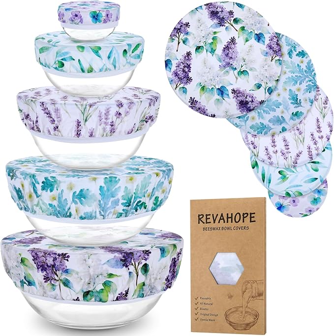 5-Size Reusable Beeswax Bowl Covers for Bread Proofing, Cotton Cloth Flexible Beeswax Wraps for Food Storage(Lilacs) by Revahope