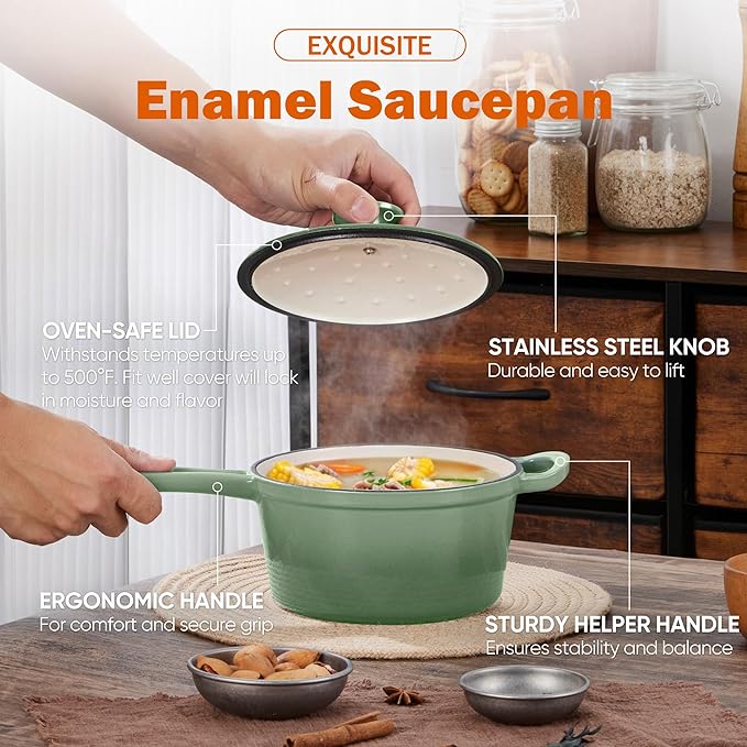 Homikit 1 Quart Saucepan with Lid, Enameled Cast Iron Small Sauce Pan Cooking Pot for Soup, Milk, Pasta, Nonstick Enamel Dutch Oven for All Cooktops, Heat Resistant Up to 500°F, Sage Green